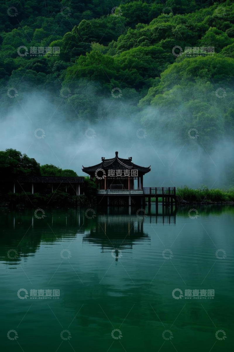 高清大图下载【趣麦麦图】湖畔中式凉亭与山林景色