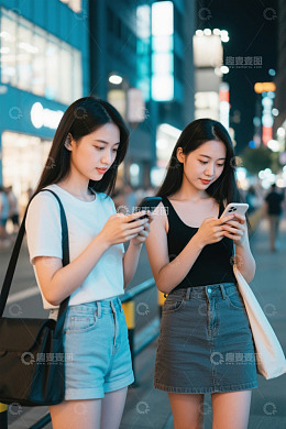 夜幕下两位女生使用手机