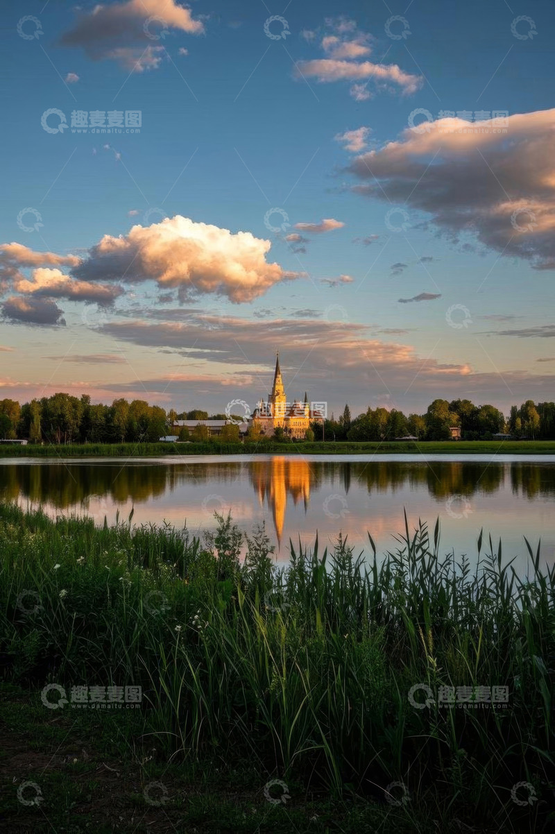 高清大图下载【趣麦麦图】湖畔教堂与美丽天空景观
