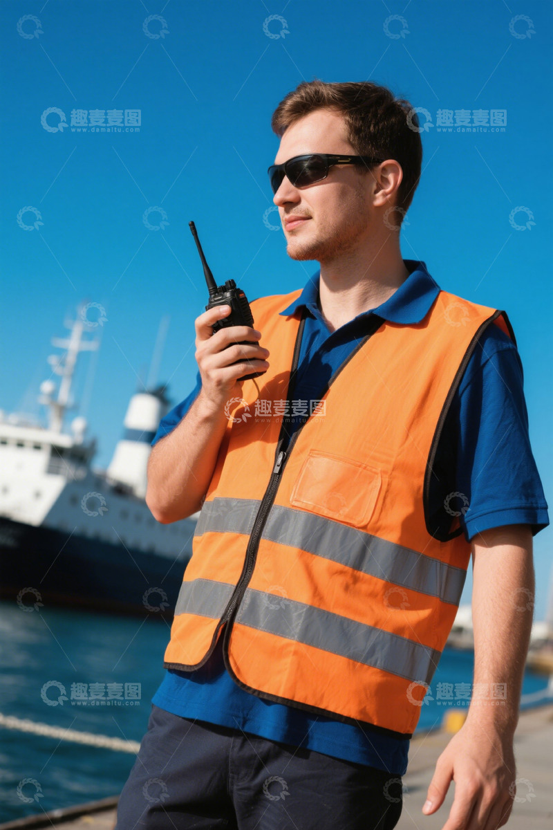 高清大图下载【趣麦麦图】港口工人使用对讲机沟通