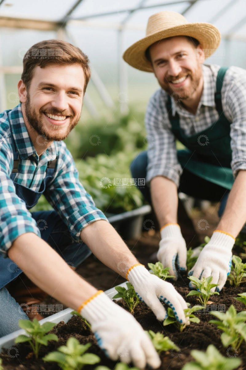 高清大图下载【趣麦麦图】两位农夫在温室种植幼苗