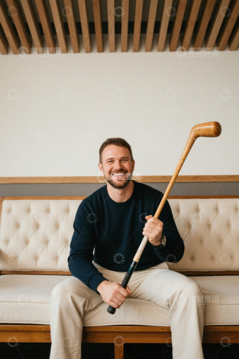 高清大图下载【趣麦麦图】男子坐在沙发上拿着球杆微笑