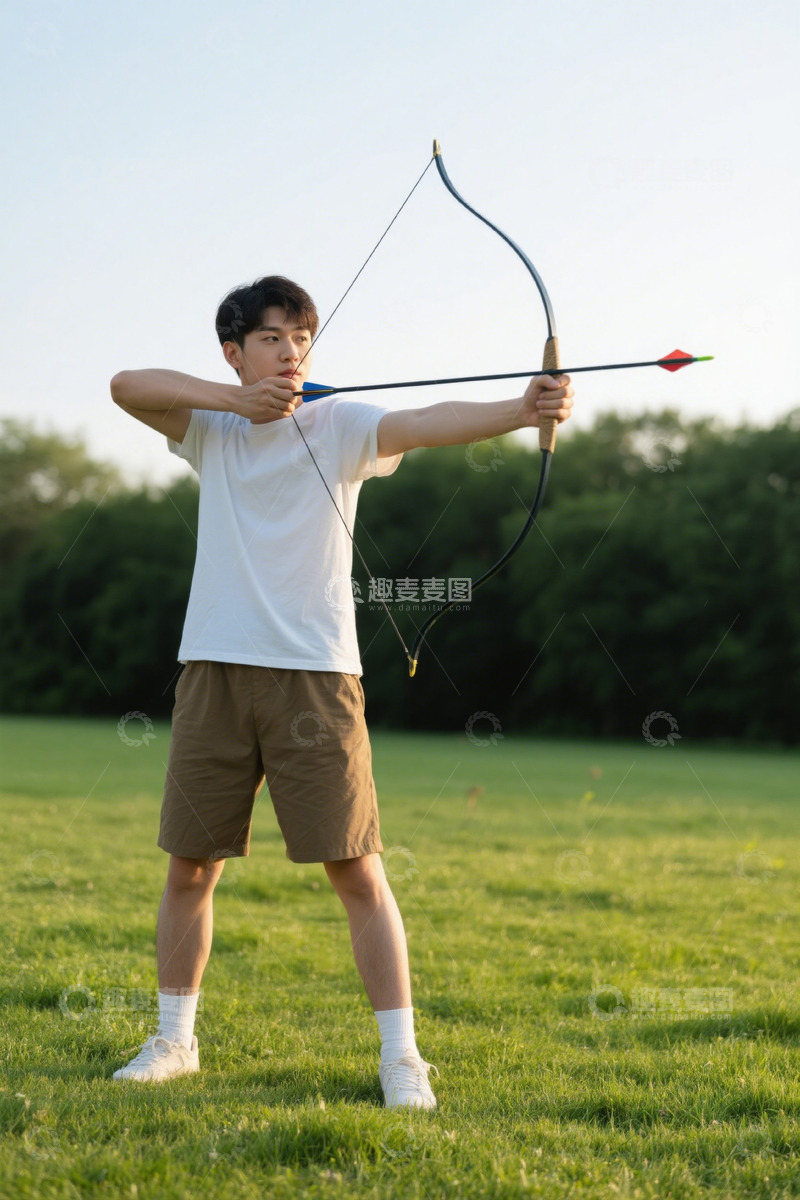 高清大图下载【趣麦麦图】青年男子户外练习射箭