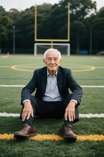 老年男子体育场草坪上坐着