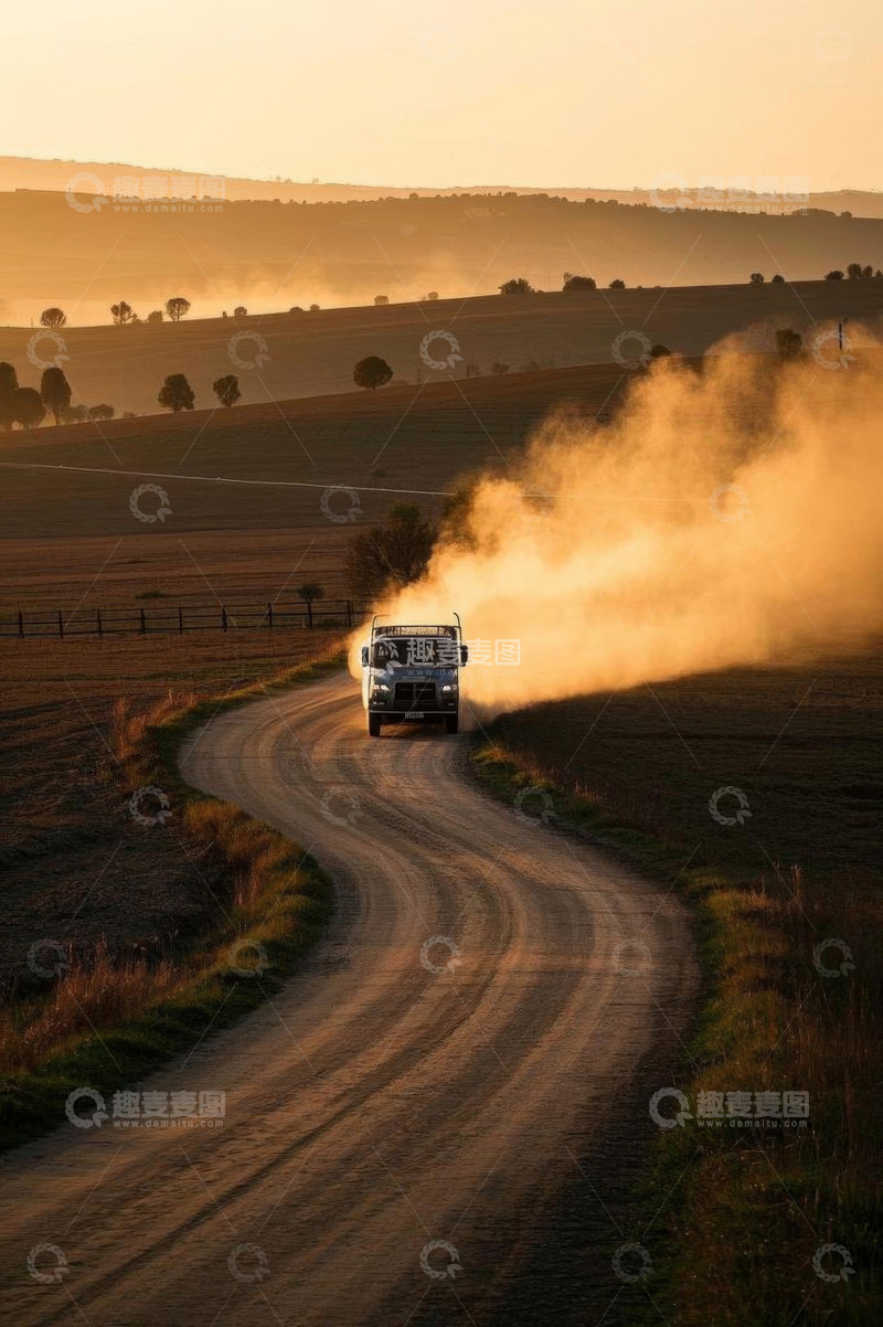高清大图下载【趣麦麦图】黄昏田野间行驶的卡车