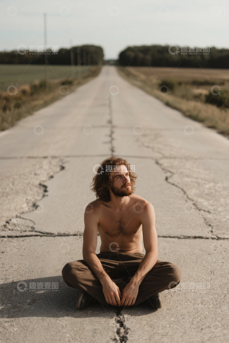 高清大图下载【趣麦麦图】赤裸上身男子公路旁沉思