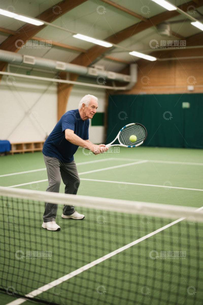 高清大图下载【趣麦麦图】老年人在室内网球场打网球