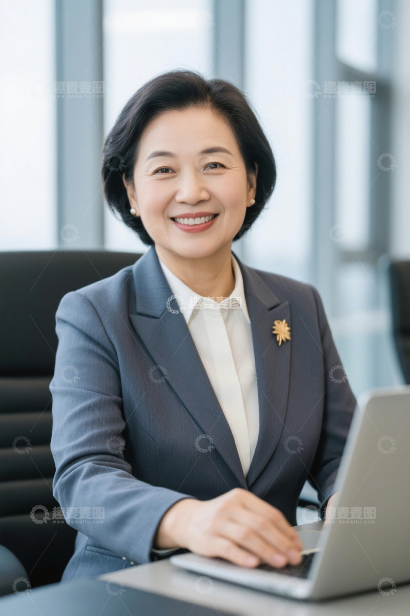 高清大图下载【趣麦麦图】微笑女企业家电脑办公写字楼