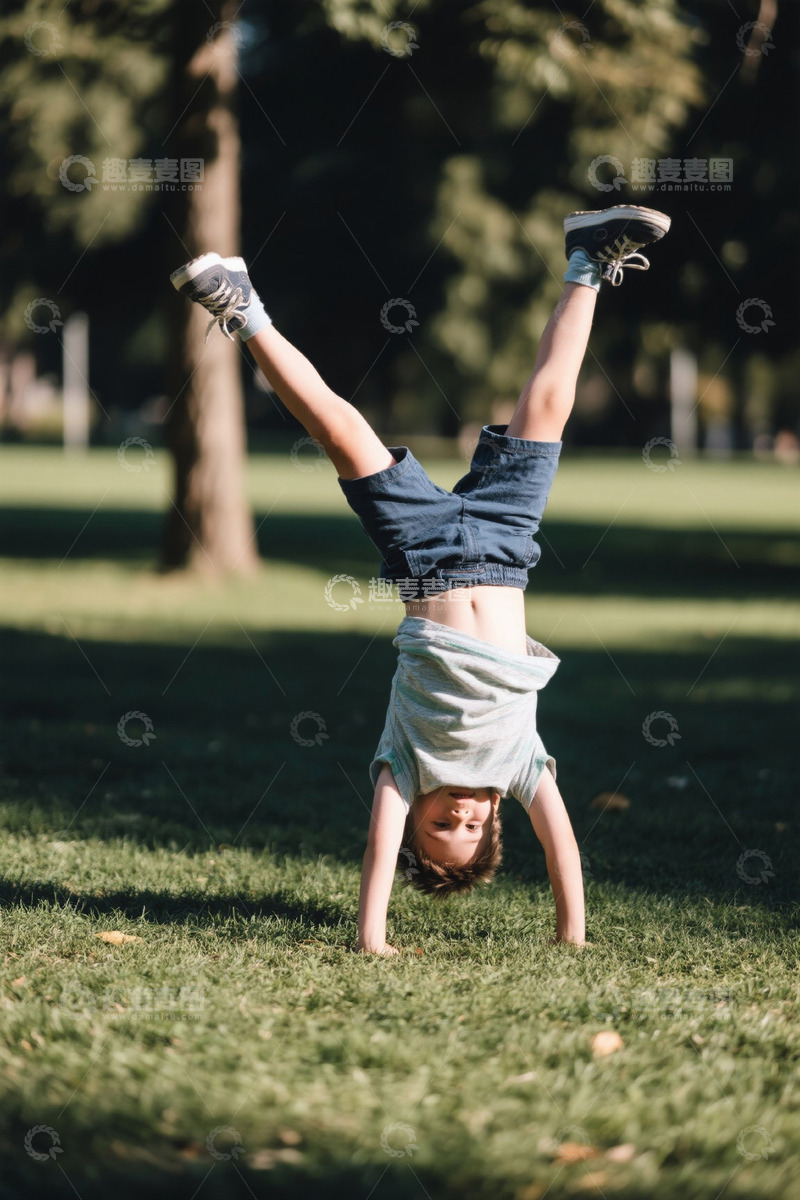 高清大图下载【趣麦麦图】快乐男孩草地玩耍倒立