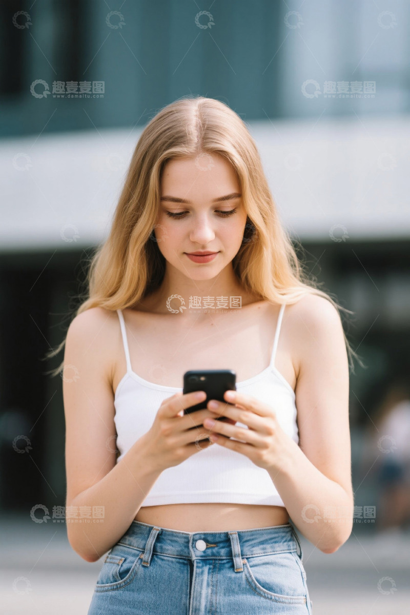 高清大图下载【趣麦麦图】阳光下年轻女子使用手机