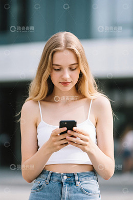 阳光下年轻女子使用手机