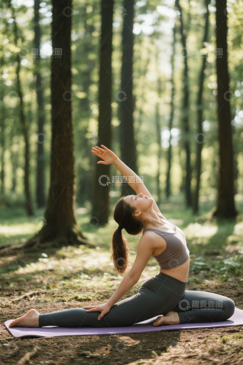 高清大图下载【趣麦麦图】森林中练习瑜伽的年轻女子