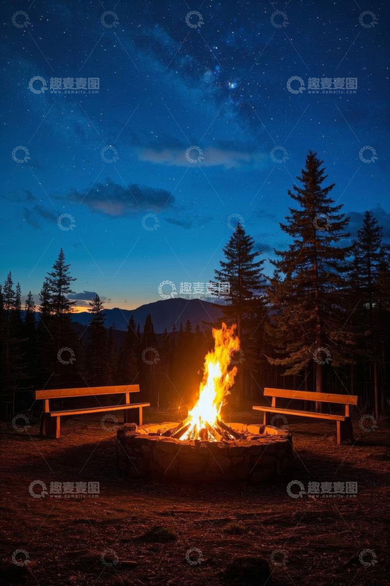 高清大图下载【趣麦麦图】森林星空下的篝火与长椅