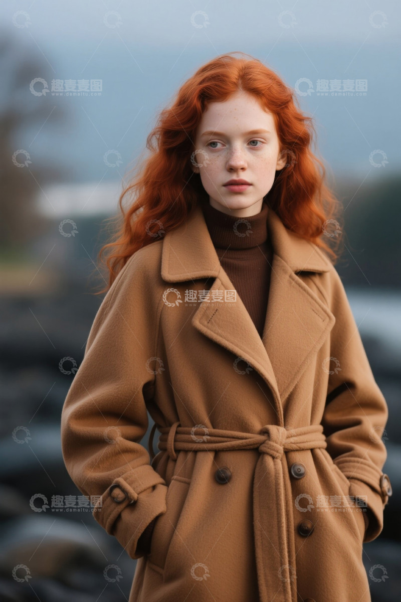 高清大图下载【趣麦麦图】红发女子穿着驼色外套伫立海边