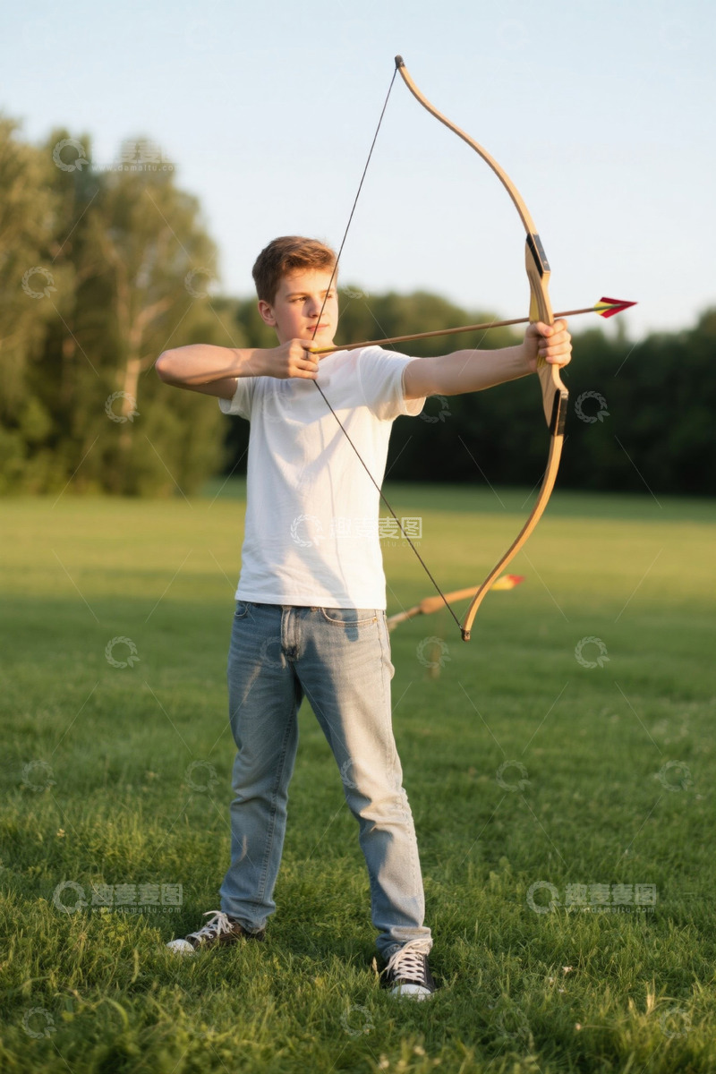 高清大图下载【趣麦麦图】少年在草地上练习射箭