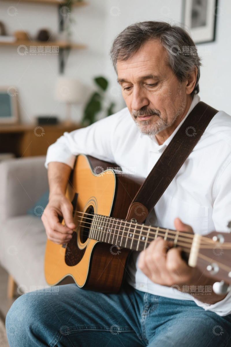 高清大图下载【趣麦麦图】老年男子在家中弹吉他