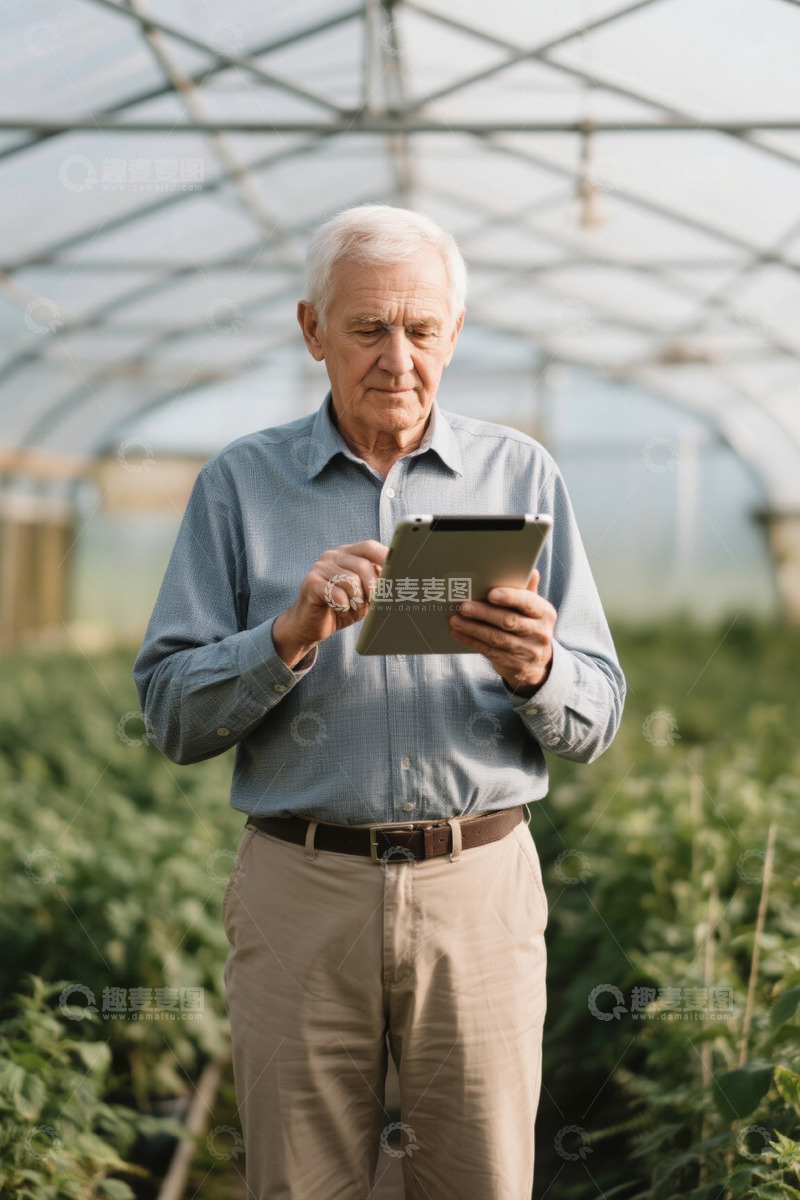 高清大图下载【趣麦麦图】老年人在温室查看平板电脑