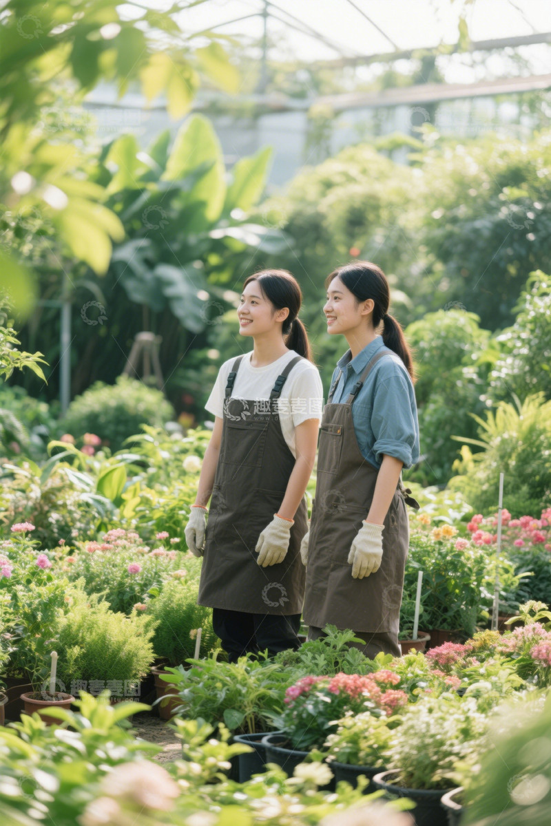 高清大图下载【趣麦麦图】两位年轻女子在花房工作