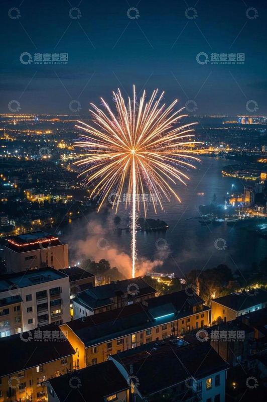 城市夜景中的绽放烟花