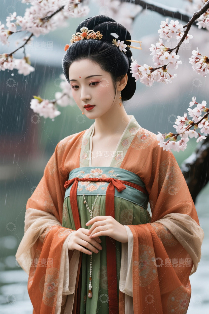 高清大图下载【趣麦麦图】雨中汉服女子樱树下