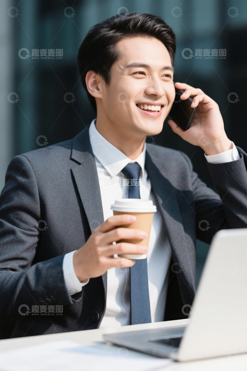 高清大图下载【趣麦麦图】西装男士商务办公喝咖啡接电话