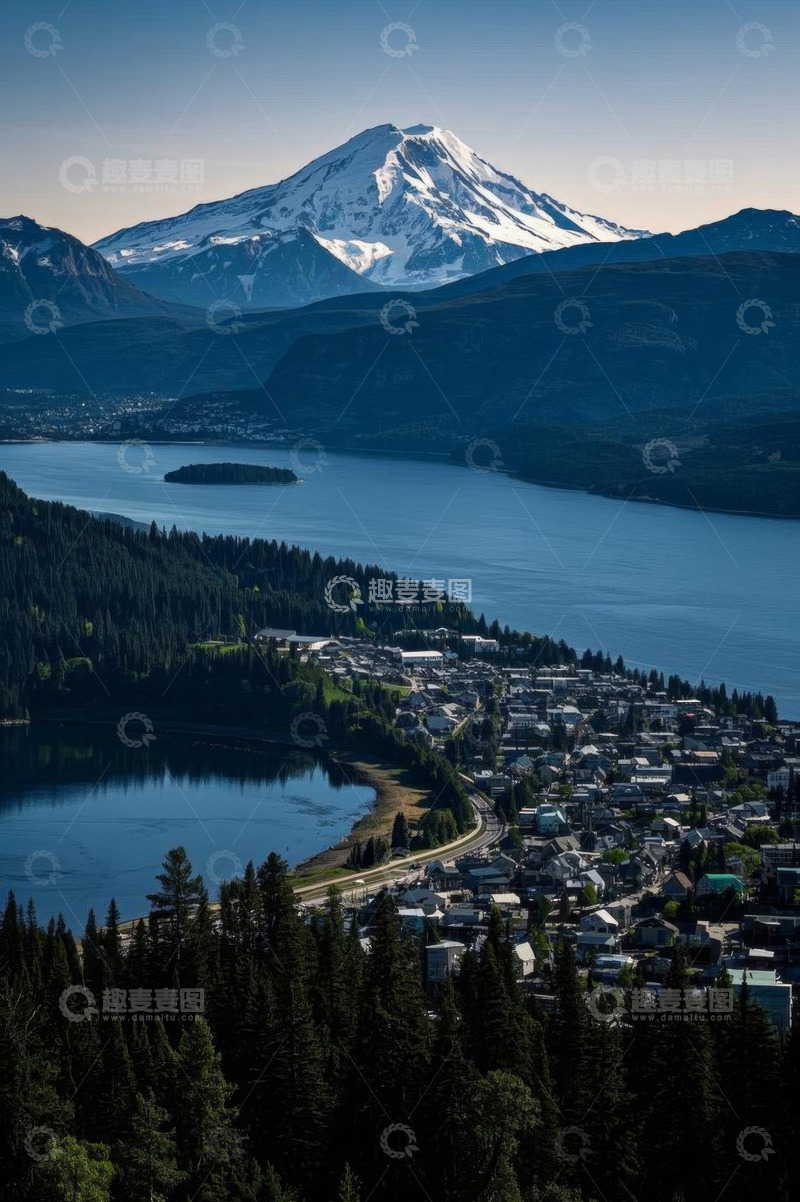 高清大图下载【趣麦麦图】雪山湖泊旁的小镇风光