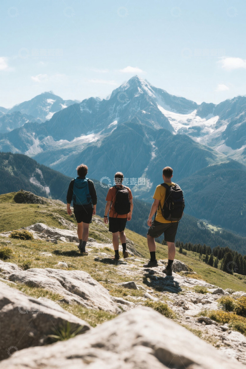 高清大图下载【趣麦麦图】三名背包客远眺雪山美景