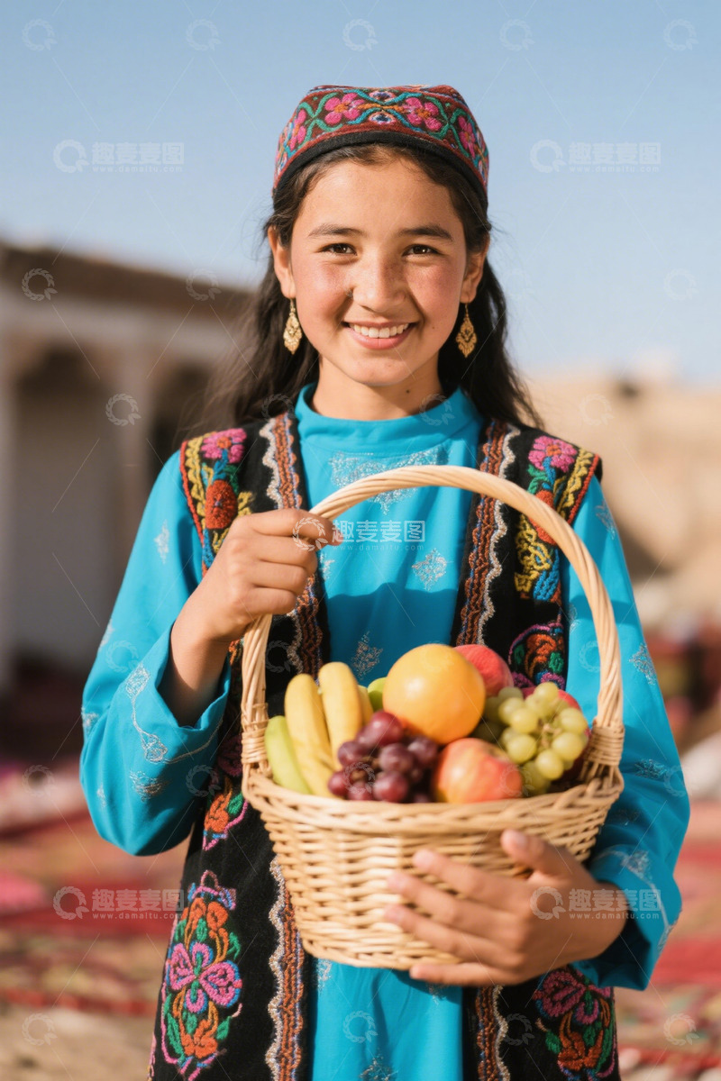 高清大图下载【趣麦麦图】阳光下微笑的女孩手提水果篮