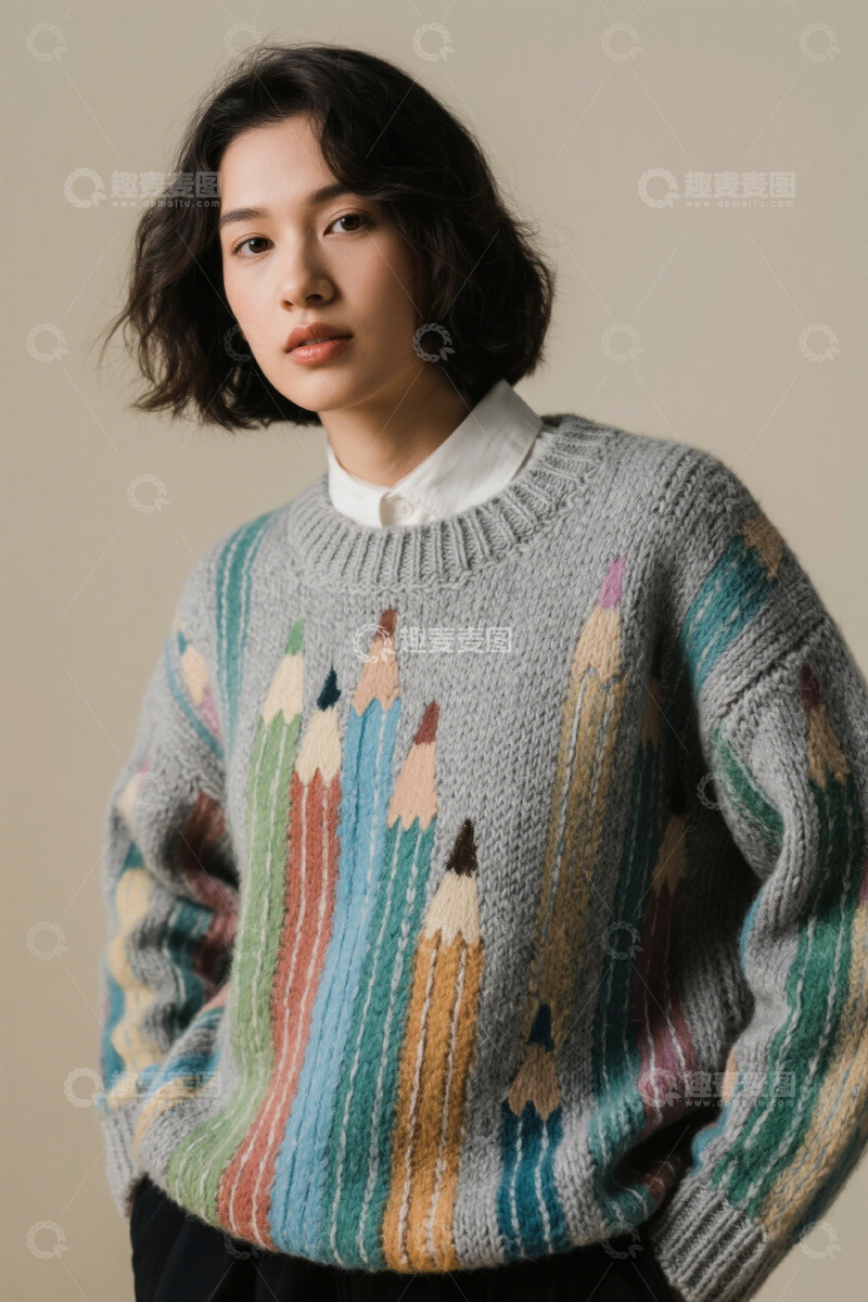高清大图下载【趣麦麦图】彩色铅笔图案毛衣女子写真