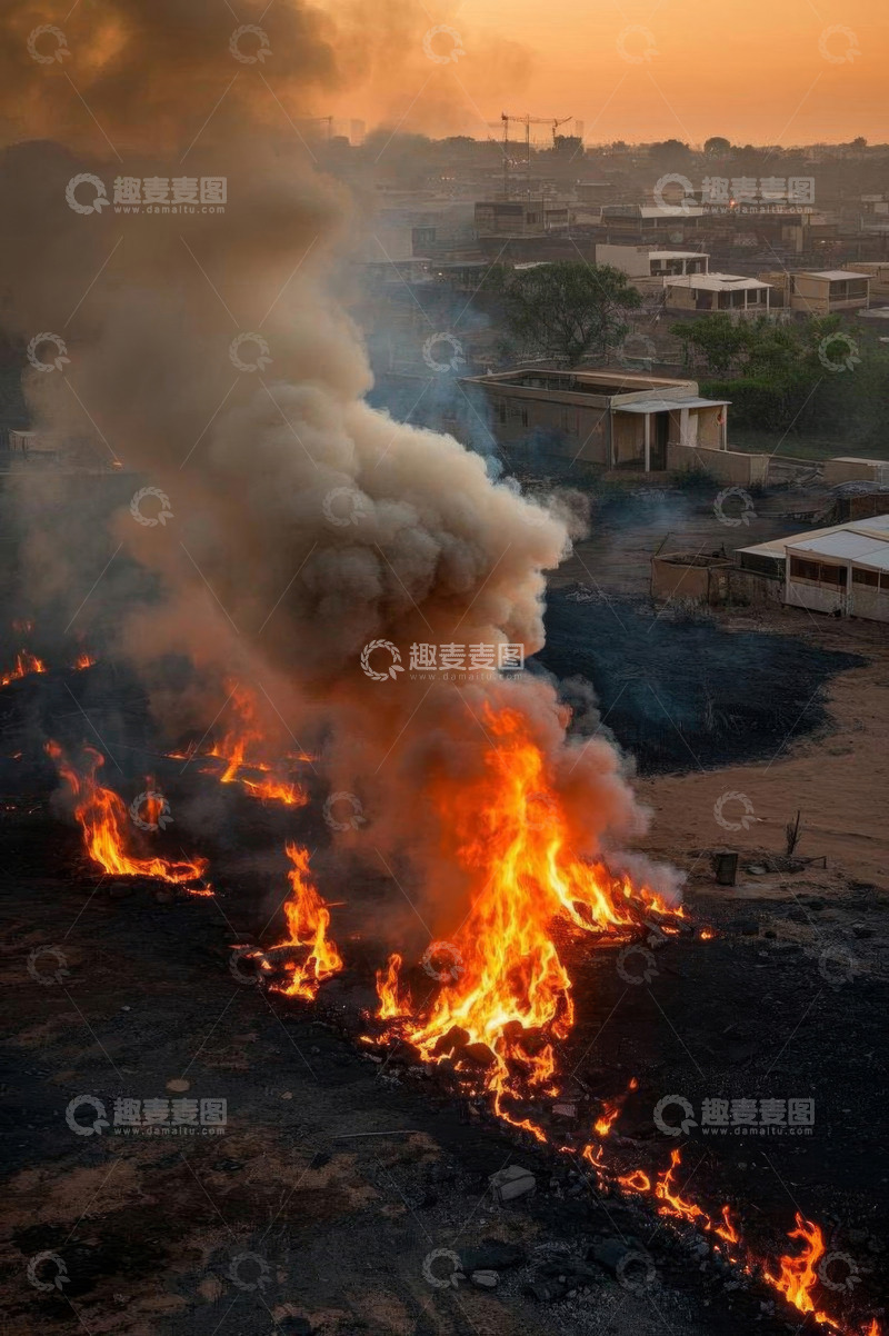 高清大图下载【趣麦麦图】城市边缘燃烧的火焰与浓烟
