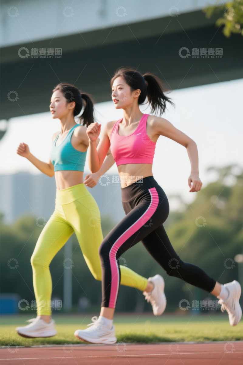 高清大图下载【趣麦麦图】两位年轻女子在跑道上跑步