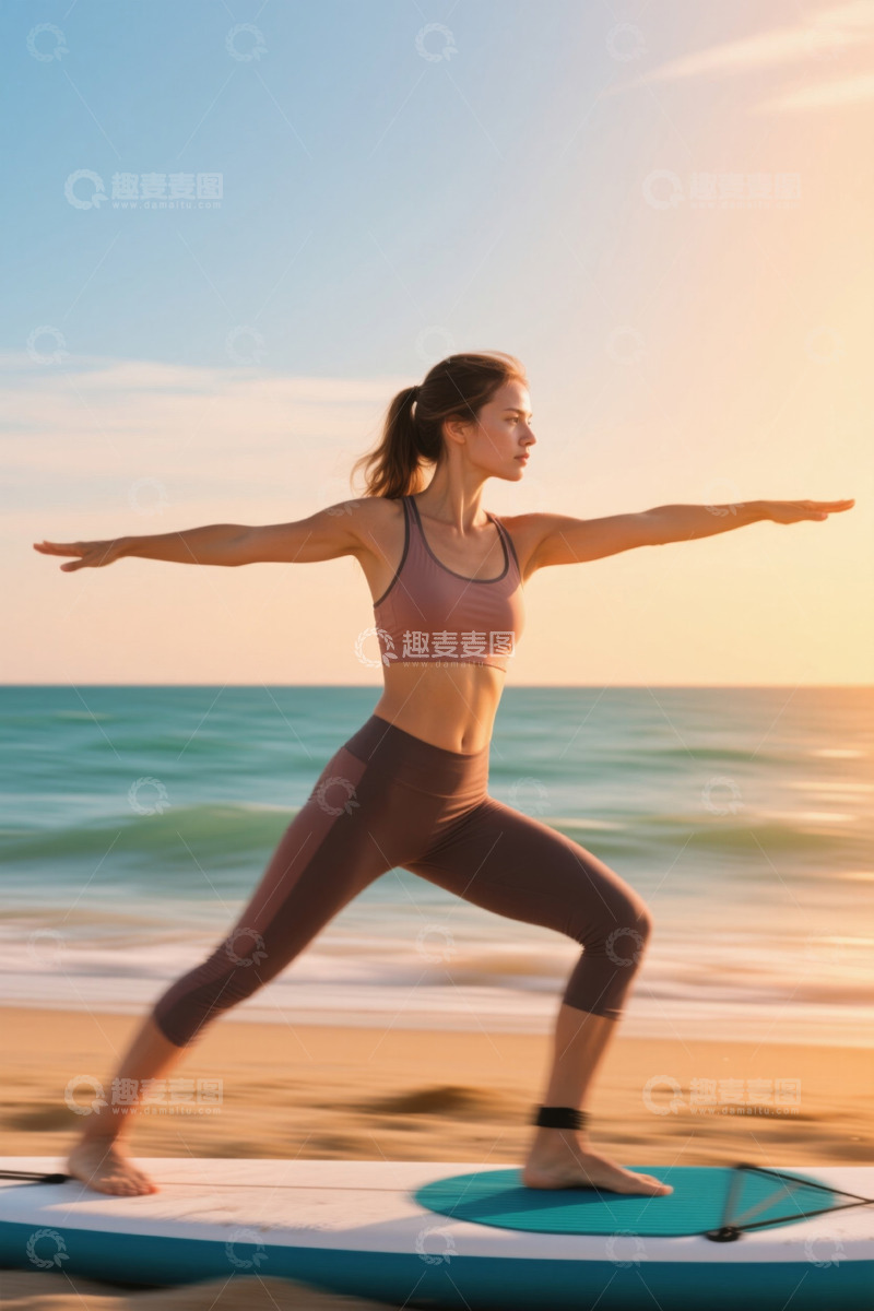 高清大图下载【趣麦麦图】女孩在海滩上练习瑜伽