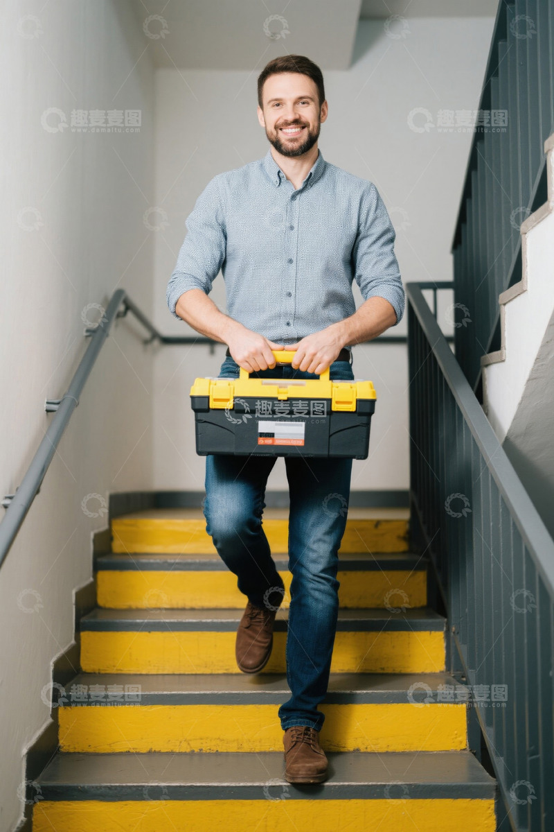 高清大图下载【趣麦麦图】笑容满面的男子提着工具箱走楼梯