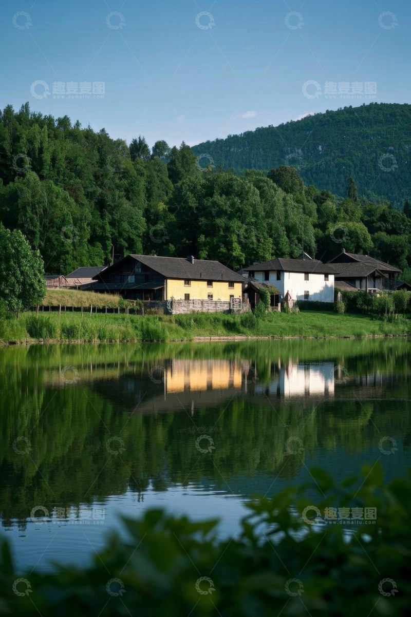 高清大图下载【趣麦麦图】湖边村庄与山林自然风光