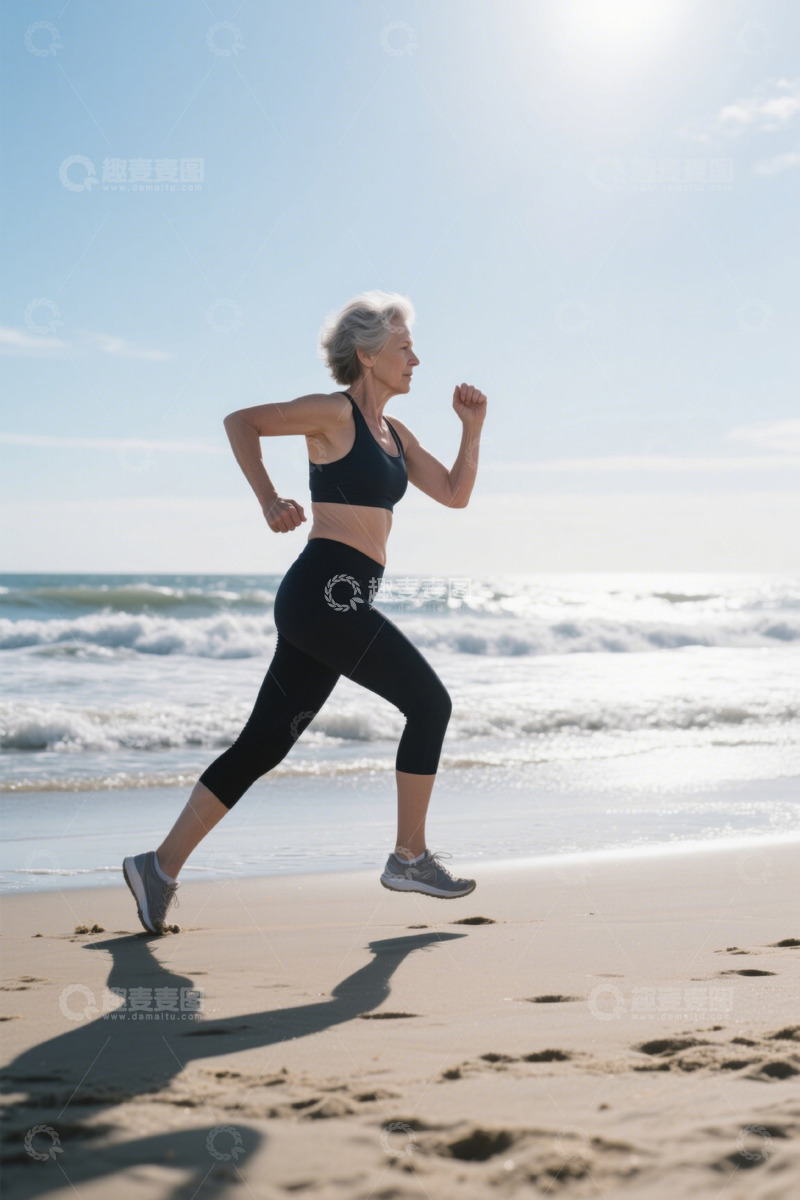 高清大图下载【趣麦麦图】沙滩上跑步的老年女性