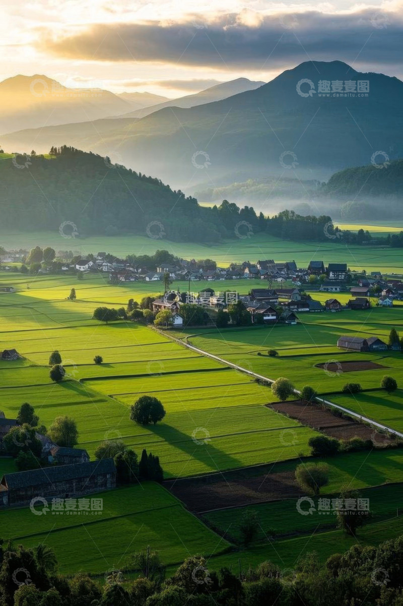 高清大图下载【趣麦麦图】乡村田野日出风光全景