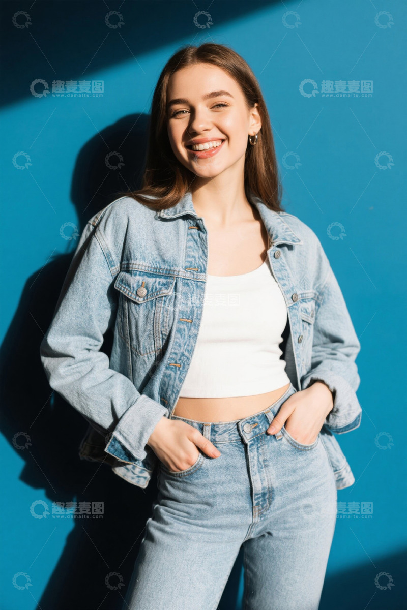 高清大图下载【趣麦麦图】阳光下笑容甜美的女孩牛仔装扮