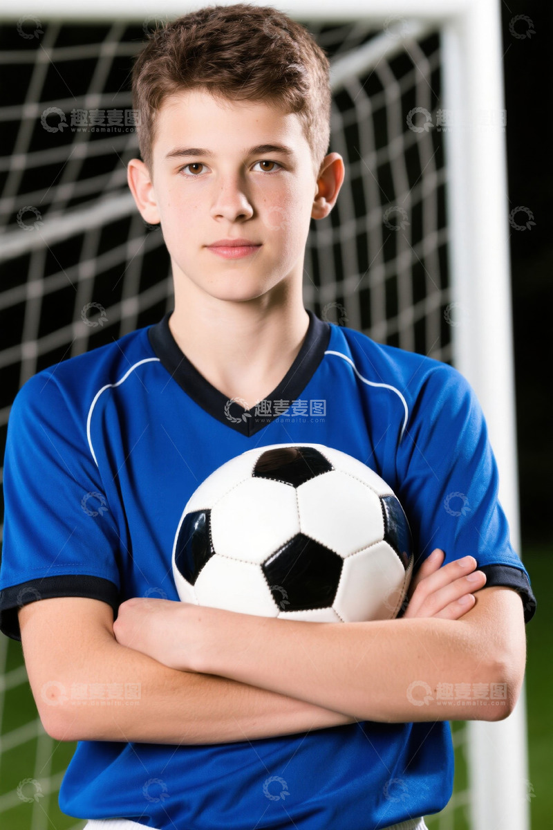 高清大图下载【趣麦麦图】少年足球运动员抱着足球自信满满