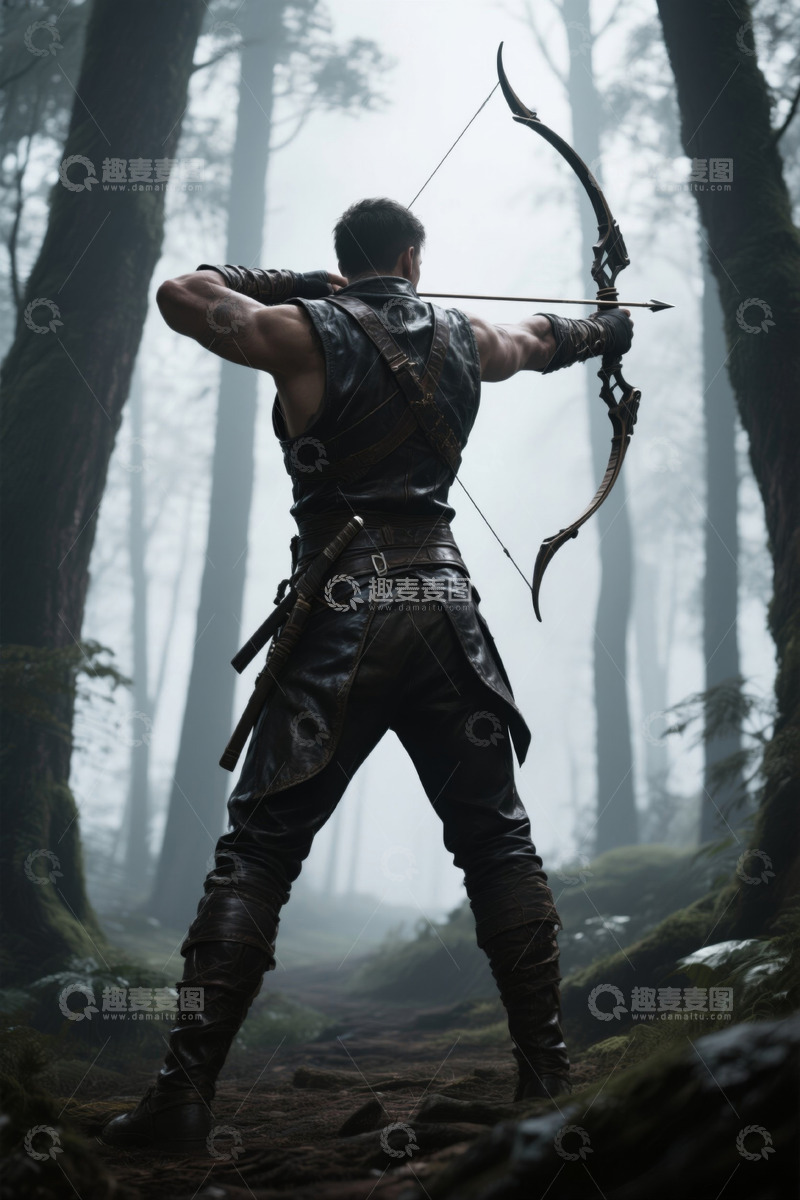 高清大图下载【趣麦麦图】森林深处弓箭手拉弓瞄准