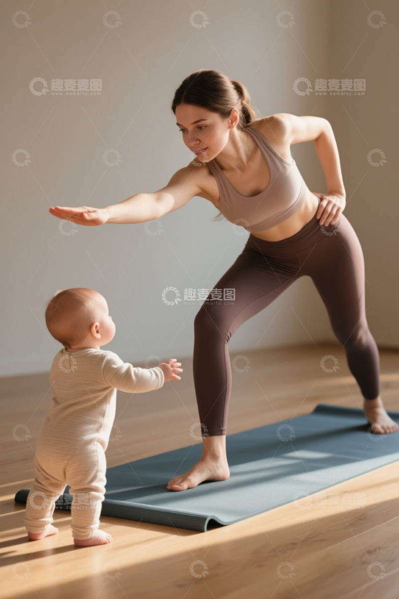 高清大图下载【趣麦麦图】母亲在家中陪伴婴儿做瑜伽