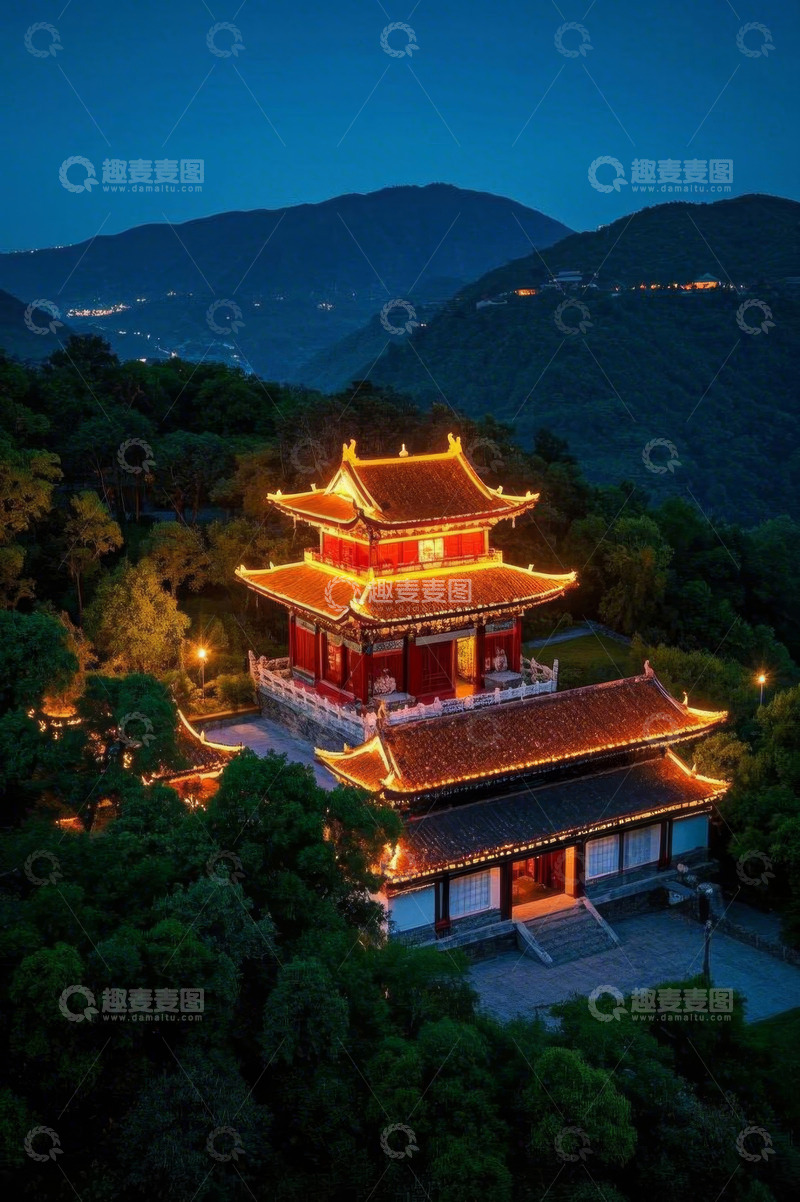 高清大图下载【趣麦麦图】山间古建筑夜景