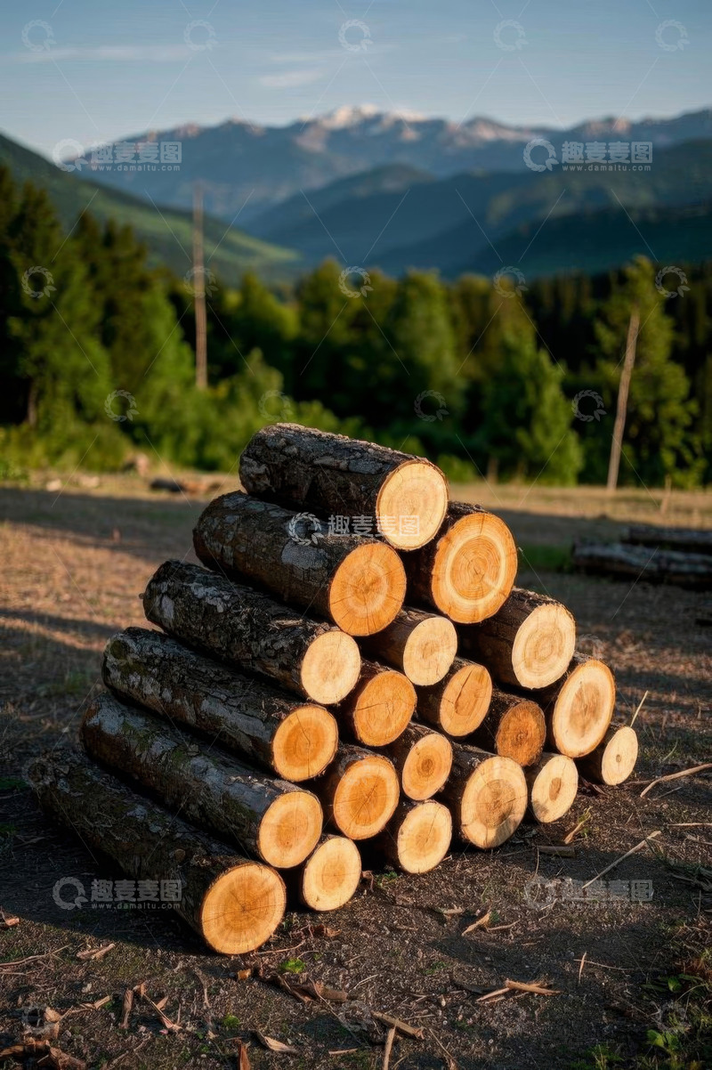 高清大图下载【趣麦麦图】户外山林中堆放的原木