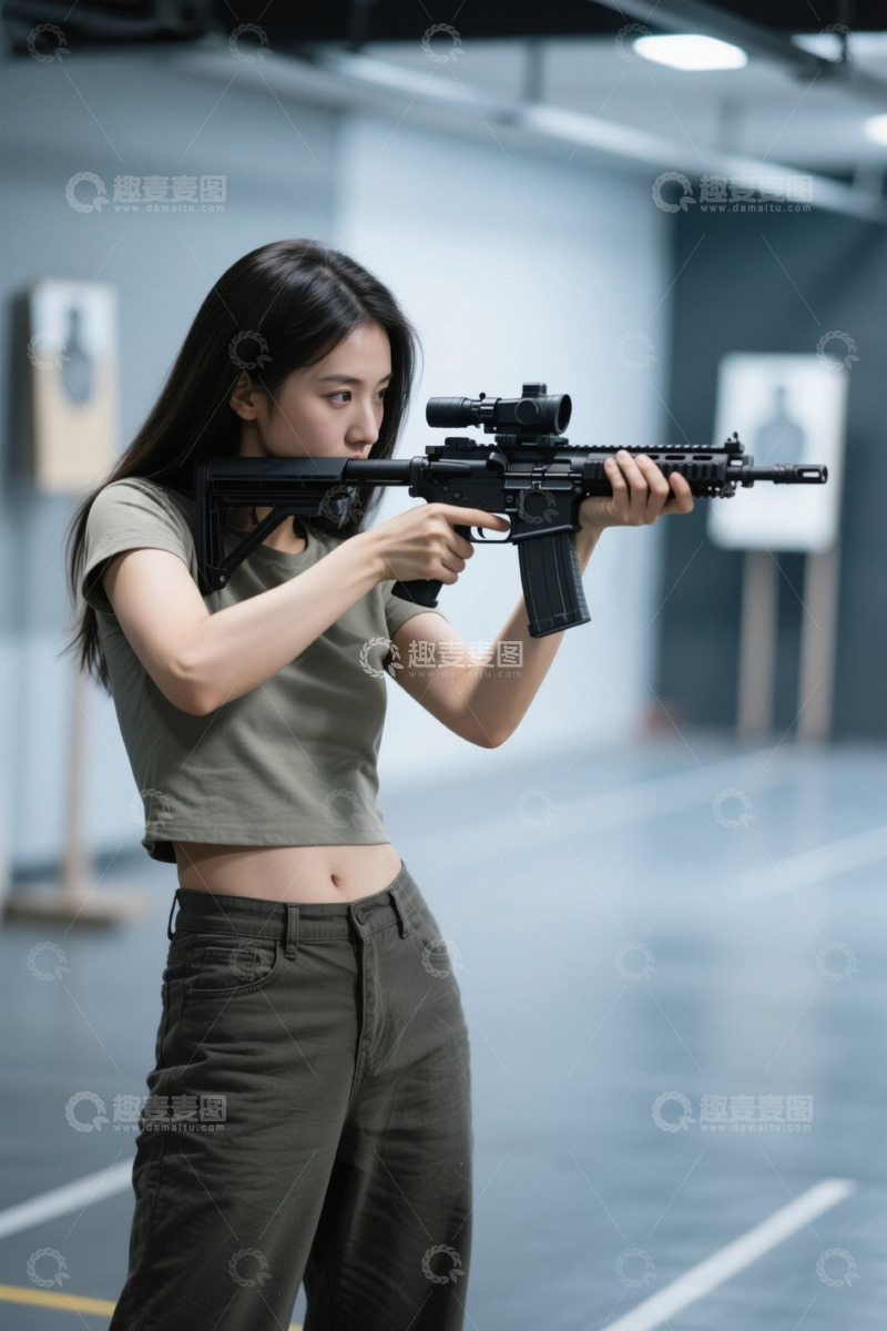 高清大图下载【趣麦麦图】年轻女子射击场持枪射击