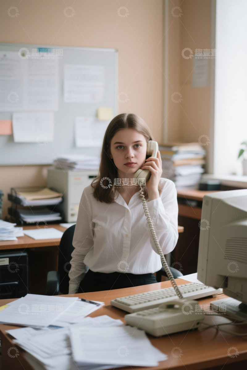 高清大图下载【趣麦麦图】年轻女子在办公室接听电话