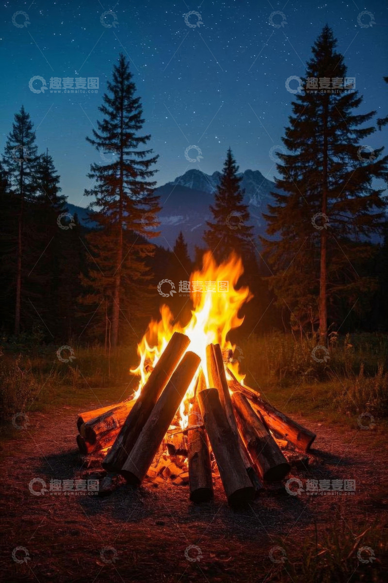 高清大图下载【趣麦麦图】山林间燃烧的篝火夜景