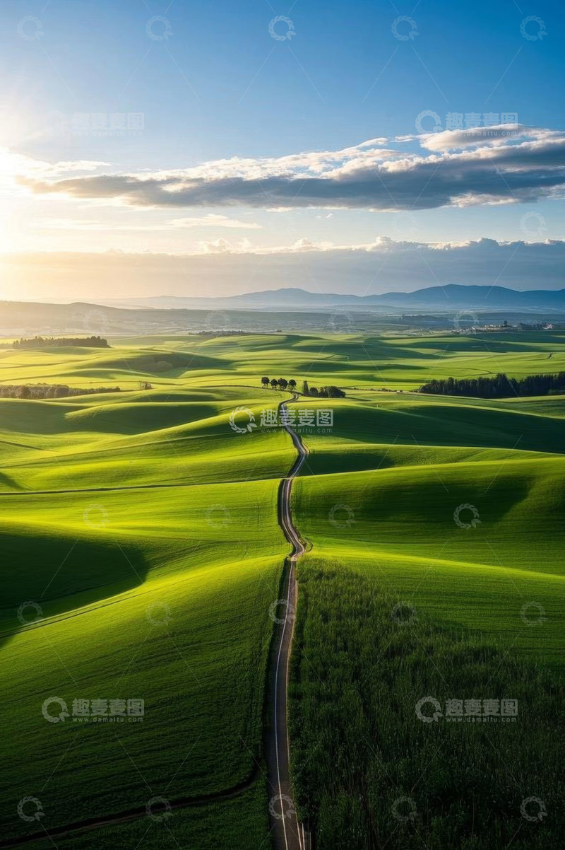 高清大图下载【趣麦麦图】航拍绿色田野与蜿蜒道路