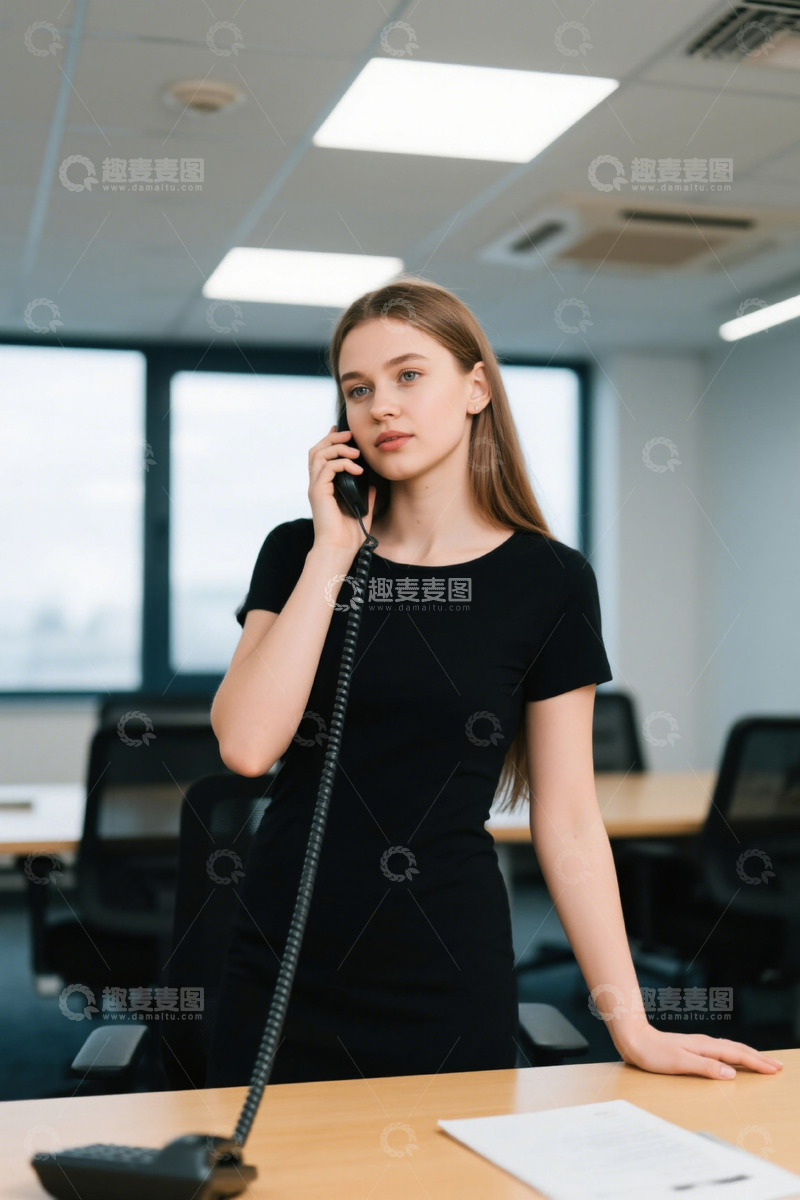 高清大图下载【趣麦麦图】年轻女子办公室接电话认真工作