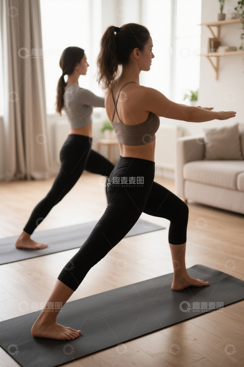 高清大图下载【趣麦麦图】两位年轻女子在家中练习瑜伽