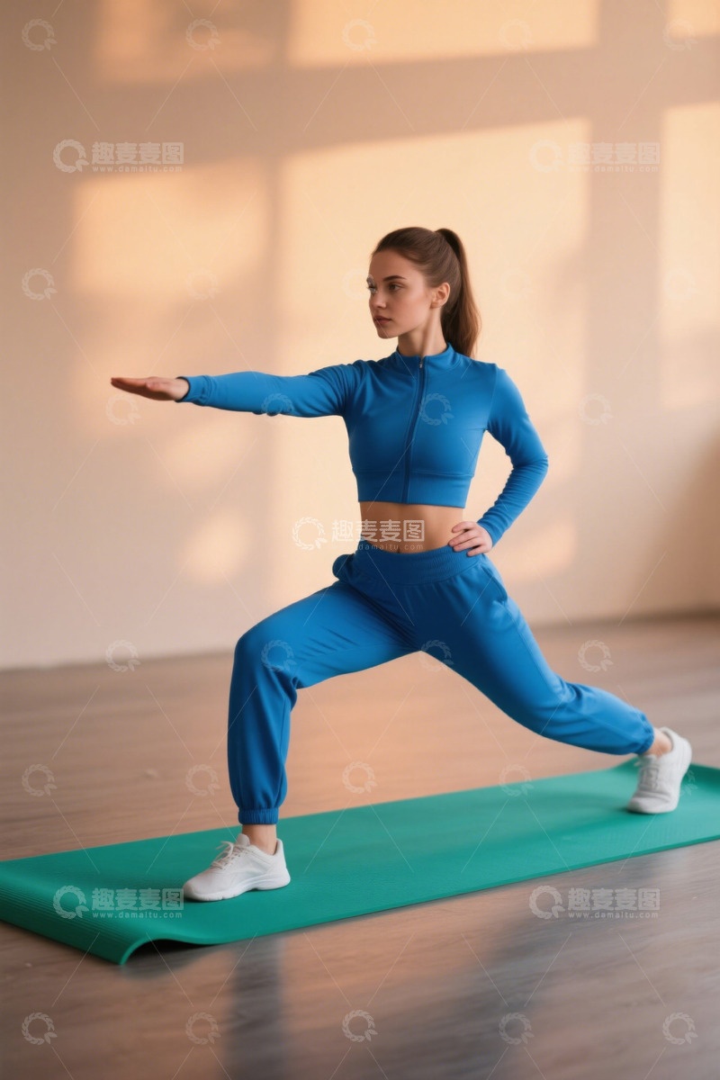 高清大图下载【趣麦麦图】女子在家中瑜伽垫上运动