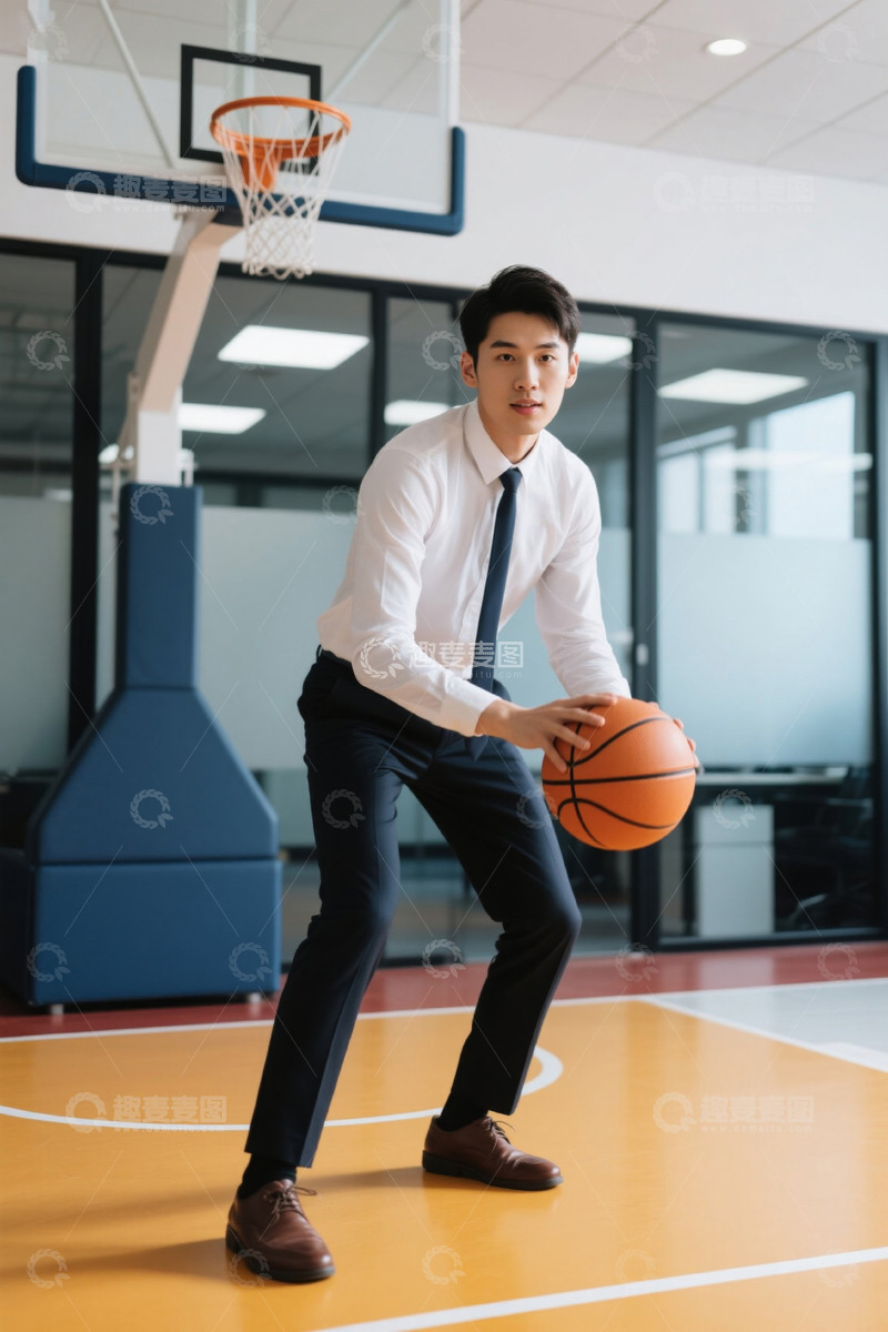 高清大图下载【趣麦麦图】西装革履男子室内篮球场运球